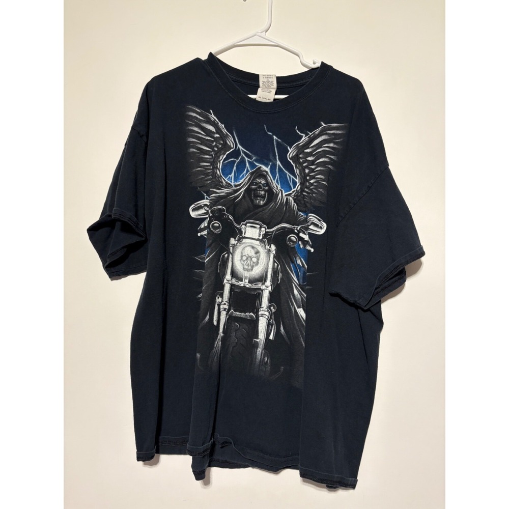 Gildan Men Size 3XL Black Grim Reaper Skull Winged Rider Graphic Y2K Shirt